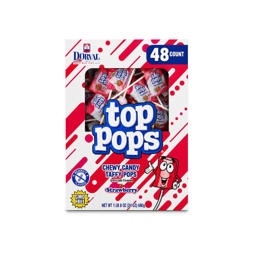 Top Pops Strawberry Chewy Candy Taffy Pops 7g (48 Count) - 1 Box