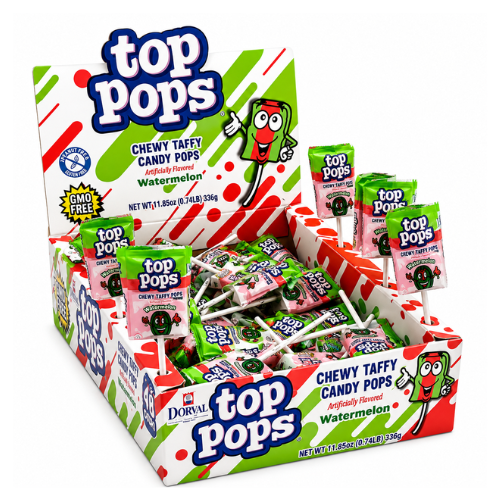 Top Pops Watermelon Chewy Candy Taffy Pops 7g (48 Count) - 1 Box