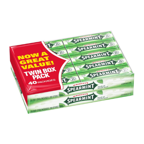 Wrigley's Spearmint Gum 5 Stick Sleeves 40 Pack - 1 Box