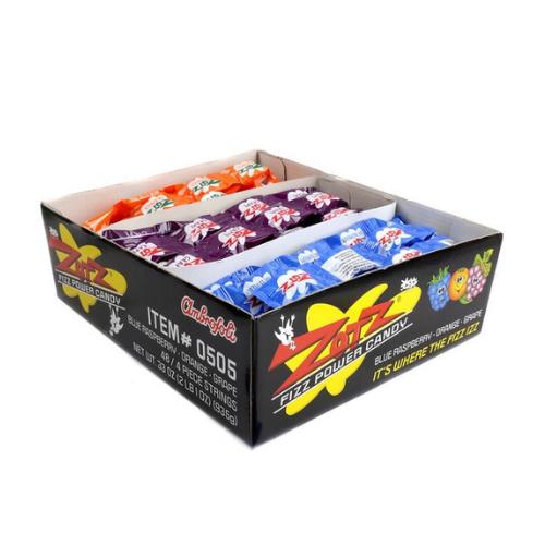 Zotz Fizz Power Candy Strings Blue Raspberry Orange Grape - 48 Pack